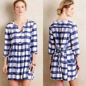 Anthro Maeve Devery Blue Plaid Windowpane Tie Shirt Dress XS